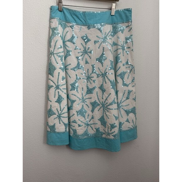 BASIL & MAUDE Size 10 Sequin Boho Skirt Festival Aqua Blue White New Beachy - Picture 1 of 6